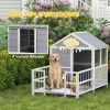 Outdoor Dog House, 61"L Wooden Dog House with Porch, Weatherproof Roof, Elevated Base, Air Vents & Observation Windows