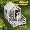 Outdoor Dog House, 61"L Wooden Dog House with Porch, Weatherproof Roof, Elevated Base, Air Vents & Observation Windows